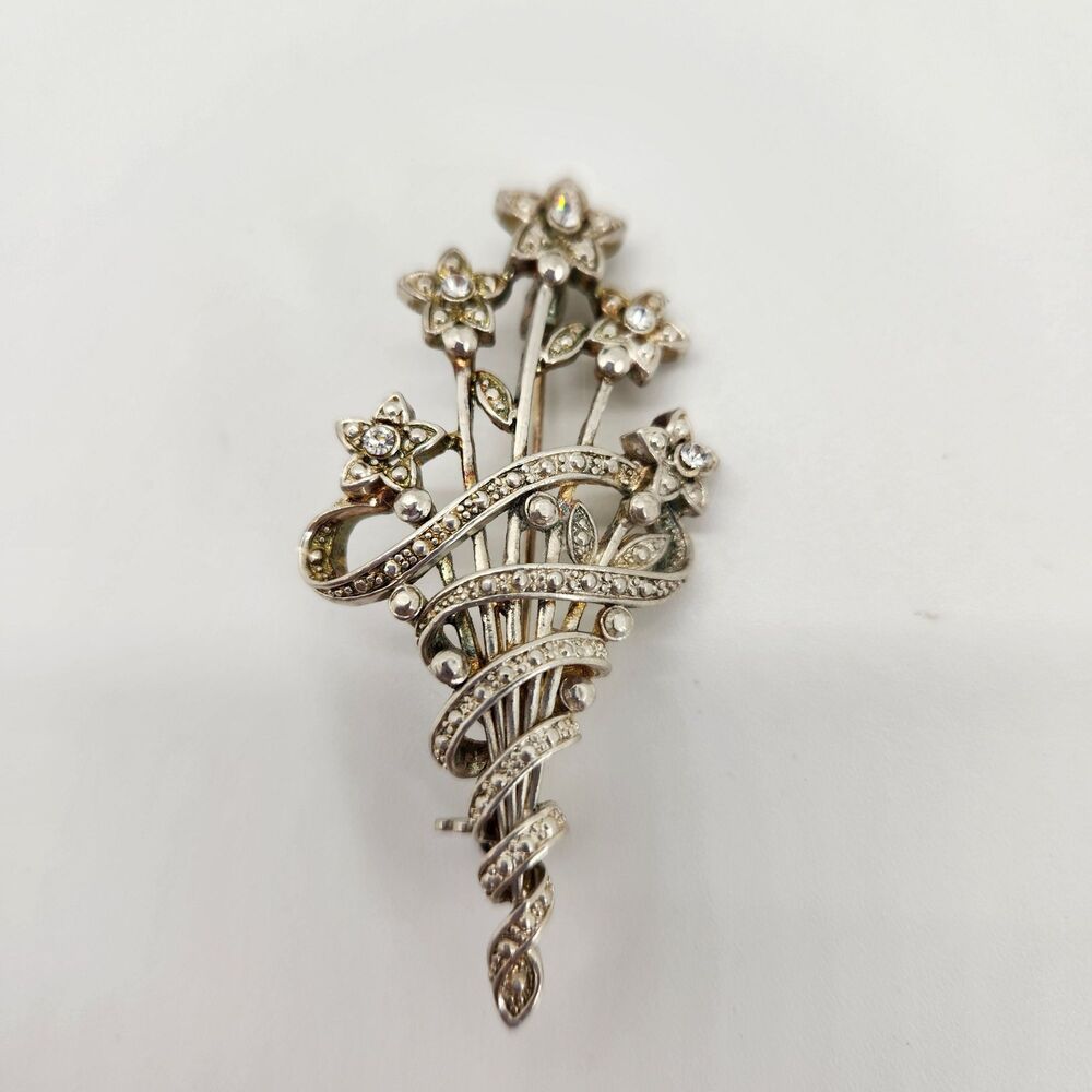 LG Flower Bouquet Ribbon Brooch Silver Tone Rhinestones Lind VTG Costume Jewelry